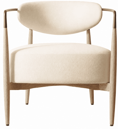 A contemporary upholstered armchair featuring a cream-colored textured fabric, a frame constructed from light-toned wood, and slender dark metal armrests. The chair has a rounded backrest and thick seat cushion, supported by four tapered wooden legs. — 3D model