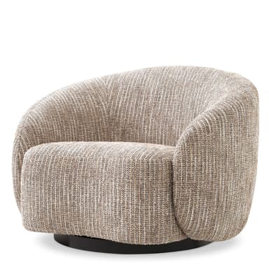 A contemporary barrel-shaped armchair, fully upholstered in a textured, neutral-toned fabric, featuring a seamlessly integrated rounded back and arms. The chair rests on a hidden swivel base, providing rotational movement. — 3D model