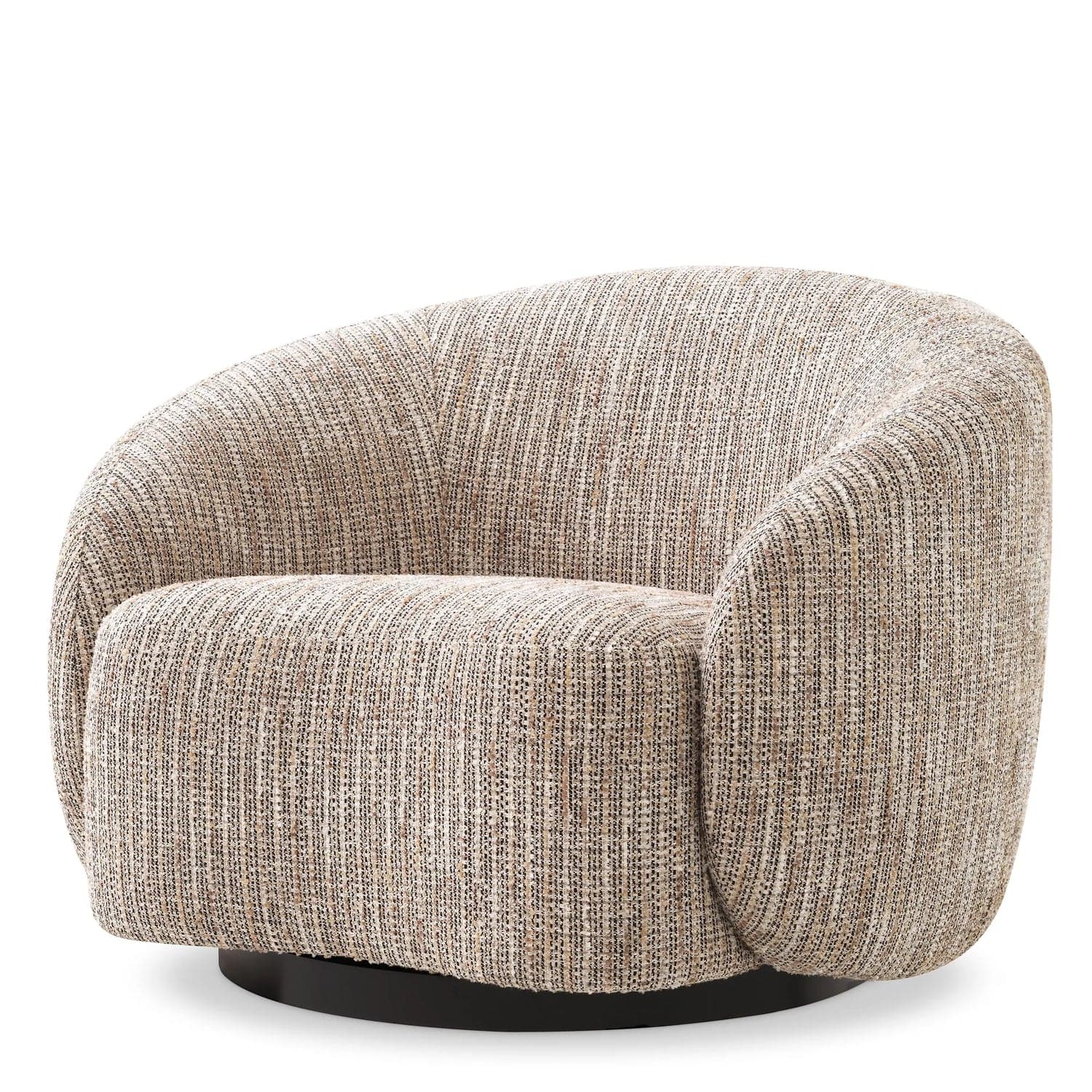 A contemporary barrel-shaped armchair, fully upholstered in a textured, neutral-toned fabric, featuring a seamlessly integrated rounded back and arms. The chair rests on a hidden swivel base, providing rotational movement. — 3D model