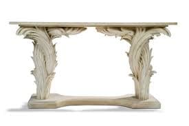 An ornate console table featuring a rectangular top and two heavily carved pedestal supports, all crafted from a light-colored faux stone material. The supports are decorated with intricate acanthus leaf motifs and scrolling details, connected by a molded stretcher base. — 3D model