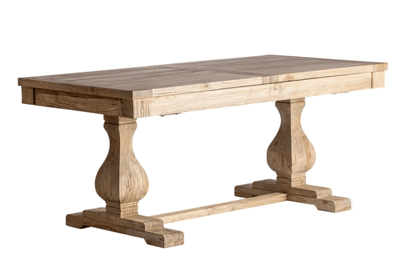 A rustic style dining table crafted from light-toned wood, featuring a rectangular top that appears to be extendable, supported by two heavily turned pedestal bases connected by a central stretcher bar. The wood exhibits a natural, somewhat distressed finish with prominent grain. — 3D model