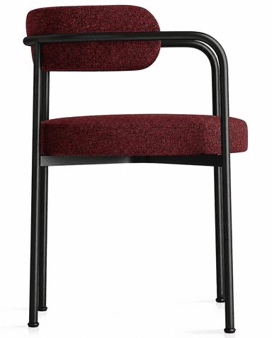 A contemporary armchair featuring a slender black metal frame and rich red textured upholstery. The design incorporates integrated armrests and a distinctive cylindrical backrest, creating a modern and inviting aesthetic. — 3D model