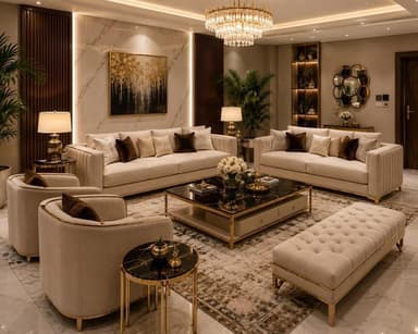 A modern three-seater sofa featuring a clean, rectangular silhouette. The back cushions are deeply tufted, while the side armrests and the front base are adorned with vertical fluting. It is upholstered in a light beige or cream-colored fabric and stands on subtle, recessed metallic legs. — 3D model