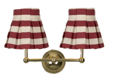 A double-armed wall lamp with two pleated lampshades featuring a horizontal stripe pattern of red and off-white. The lamp base and arms are constructed of polished brass. — 3D model