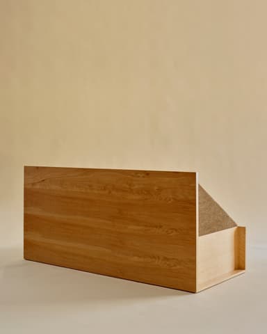 A modern upholstered bench sofa featuring a minimalist light wooden frame and distinctive vertically ribbed brown fabric. — 3D model