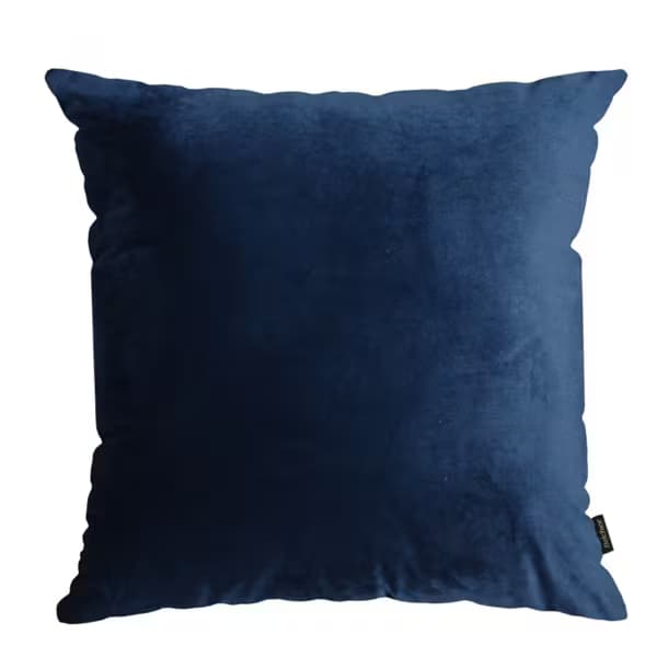 A square cushion with a soft, plush texture and a deep navy blue color. The cushion appears to be filled and is slightly rounded at the edges, suggesting it is designed for comfort and decorative purposes. A small tag with a logo is visible on the bottom right corner. — 3D model