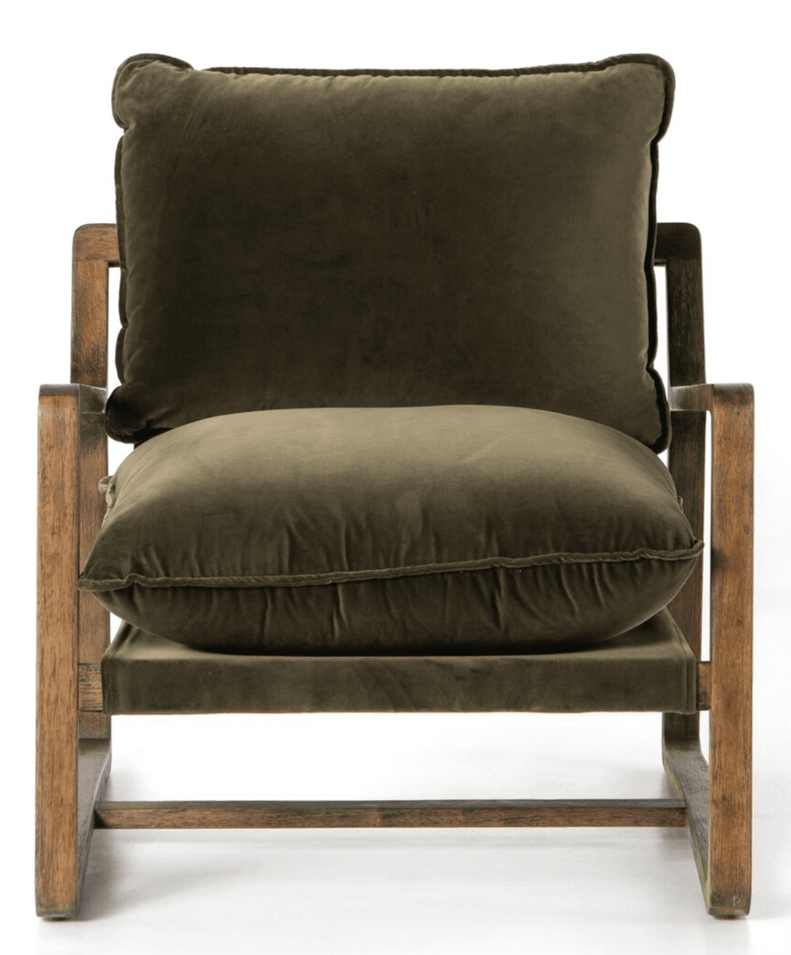 A rustic-style armchair featuring a robust, dark-stained wooden frame with thick, plush olive green velvet cushions for the seat and backrest. The frame has a simple, somewhat blocky construction, with visible wood grain and exposed armrests. The cushions are generously padded, providing a comfortable and inviting appearance. — 3D model