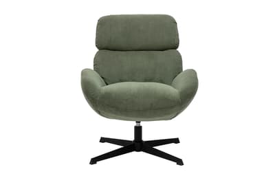 A modern armchair upholstered in green corduroy fabric. It features a high backrest that is divided into two sections, with the upper section slightly wider than the lower. The seat curves around to form integrated armrests. The chair is mounted on a black, five-star pedestal base with a central column, suggesting it may swivel. — 3D model