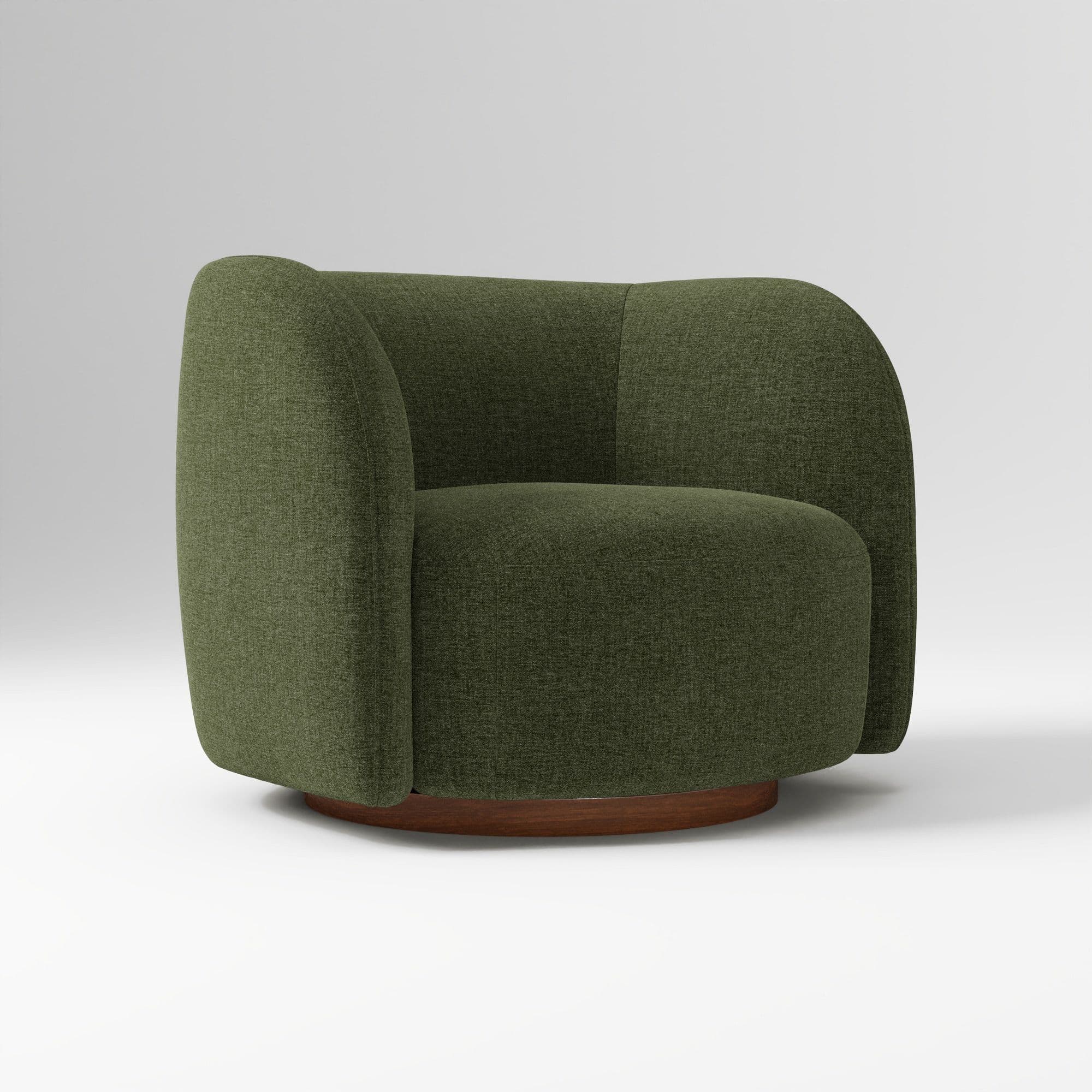 A modern armchair with a rounded, barrel-like shape. The upholstery is a textured, dark green fabric. It features integrated armrests that flow seamlessly into the backrest, creating a continuous curve. The chair is supported by a circular, dark wood swivel base. — 3D model