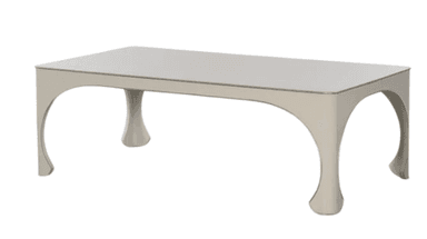 A contemporary rectangular coffee table featuring a flat, light-colored reflective top surface and a distinctive base with curvilinear, sculptural legs. The legs at the ends form arched supports, while the two central legs are bell-shaped or hourglass-shaped, all finished in a uniform light beige or off-white tone. — 3D model