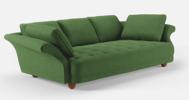 A three-seater sofa with a tufted seat and back cushions. It features rolled arms that curve outwards and short wooden legs. The sofa is upholstered in a textured green fabric and comes with two matching throw pillows. The back cushions are loose, while the seat appears to be a single tufted cushion. — 3D model