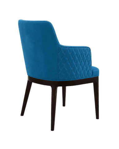 An upholstered armchair with a vibrant blue velvet-like fabric, featuring diamond quilting on the outer backrest and armrests, supported by dark, tapered wooden legs. — 3D model