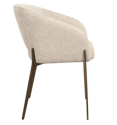 A contemporary armchair featuring a gently curved, barrel-style upholstered back and integrated armrests. The chair is covered in a light, textured fabric, likely a boucle or similar weave, in a cream or beige color. A distinctive crescent-shaped cut-out is visible on the lower backrest. It is supported by four slender, tapered wooden legs with a dark, possibly espresso, finish. — 3D model