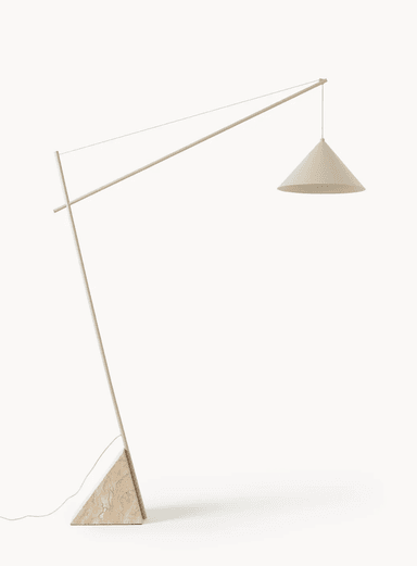 A modern floor lamp with a distinctive, minimalist design. It features a tall, slender stem that extends at an angle, supporting a conical lampshade suspended by a thin wire. The base is a substantial, triangular prism made of veined stone. — 3D model
