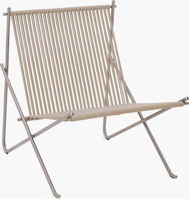 A modern chair with a metal frame and a seat and backrest woven from thick, light-colored rope. The frame appears to be made of brushed metal, possibly stainless steel or aluminum, with thin, curved legs and a horizontal support bar. The rope is tautly woven vertically for the backrest and horizontally for the seat, creating a textured and airy surface. The design is minimalist and appears suitable for indoor or outdoor use. — 3D model