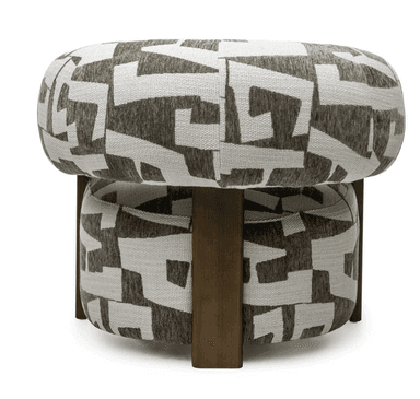 An upholstered barrel-back accent chair featuring a continuous rounded back and arms. The chair is covered in a textured fabric with a striking geometric abstract pattern in off-white and dark brown/gray. It is supported by visible, square-profile dark wood legs at the sides and back, presenting a modern and distinctive aesthetic. — 3D model