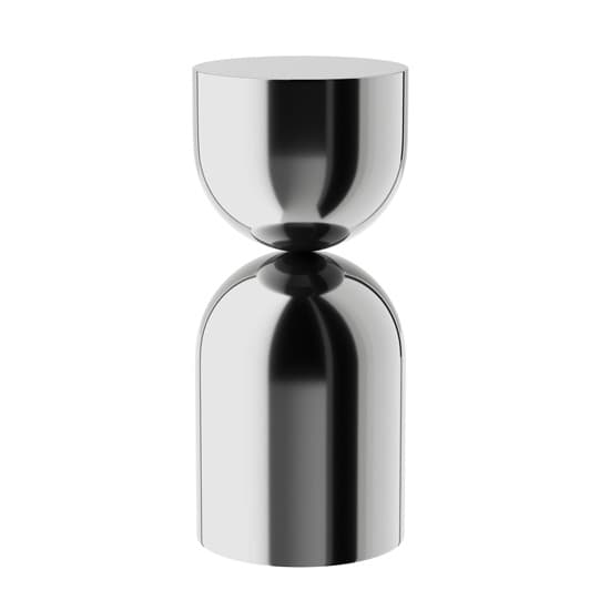 A modern, highly polished, chrome-plated metal accent table or stool, characterized by its distinctive hourglass-like silhouette. The object features an inverted, bowl-shaped upper section with a flat circular top, balanced upon a rounded, cylindrical base. Its reflective surface captures light, emphasizing its sleek, contemporary design. — 3D model