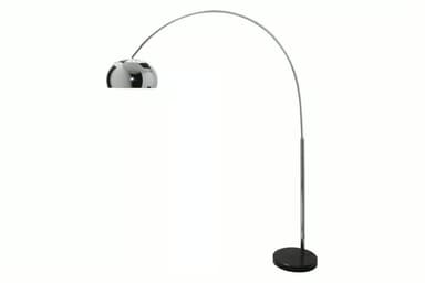 A modern arc floor lamp with a polished chrome finish, featuring a gracefully curved arm and a reflective, domed shade, supported by a sturdy circular base. — 3D model