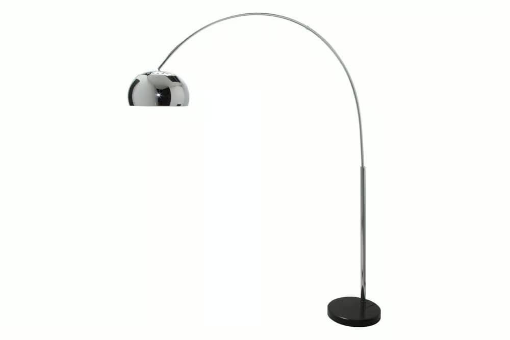 A modern arc floor lamp with a polished chrome finish, featuring a gracefully curved arm and a reflective, domed shade, supported by a sturdy circular base. — 3D model