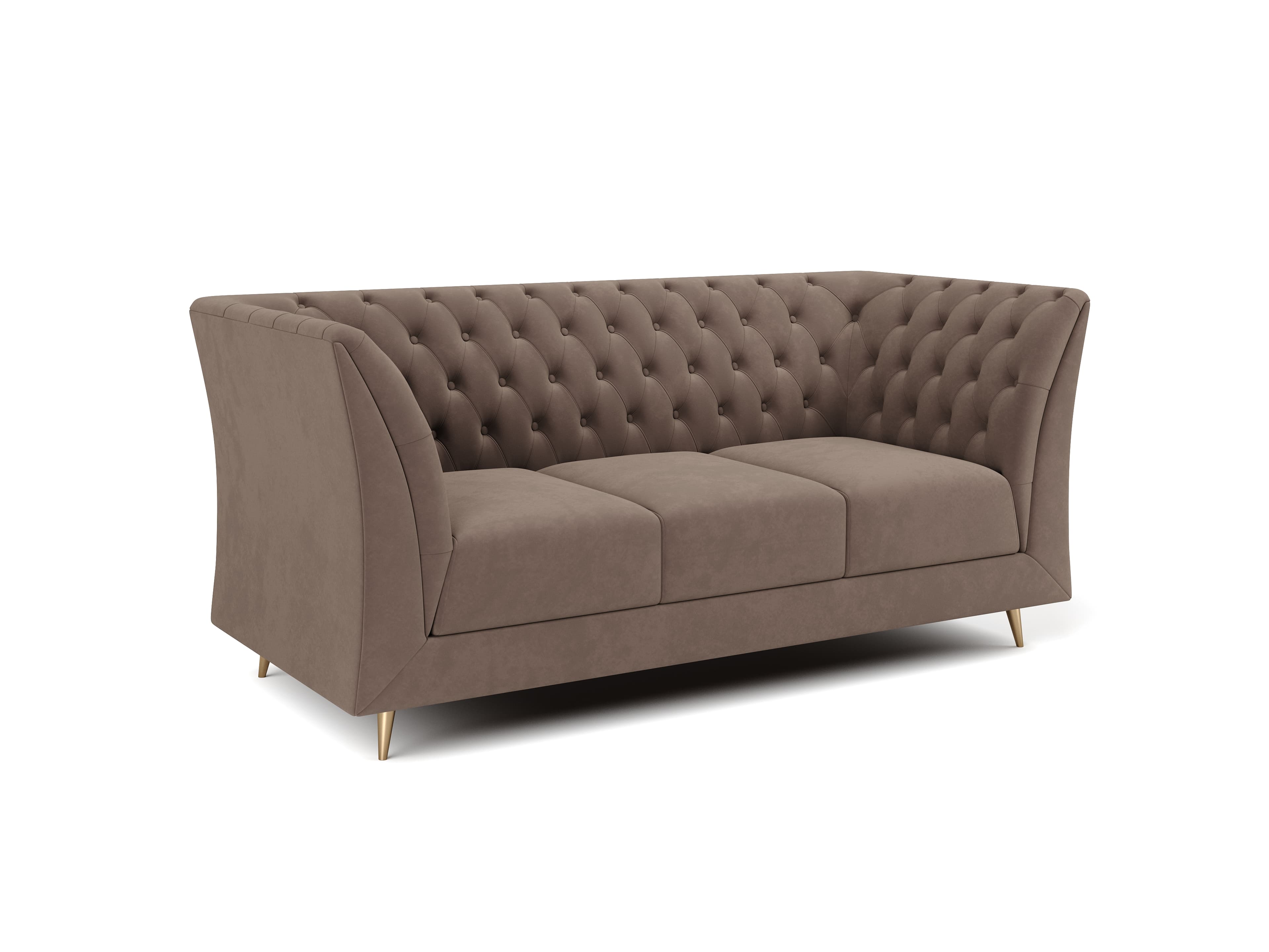 A three-seater sofa with tufted upholstery on the backrest and winged arms. The sofa features a curved design and is supported by four slender, angled legs. — 3D model
