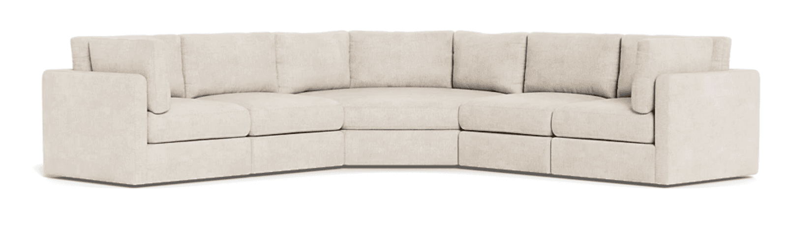 A large, upholstered sectional sofa with a curved configuration. It features multiple seating modules, deep seat cushions, and plush back cushions. The arms are wide and square-edged. The sofa is upholstered in a light-colored textured fabric and sits on a low-profile base. — 3D model