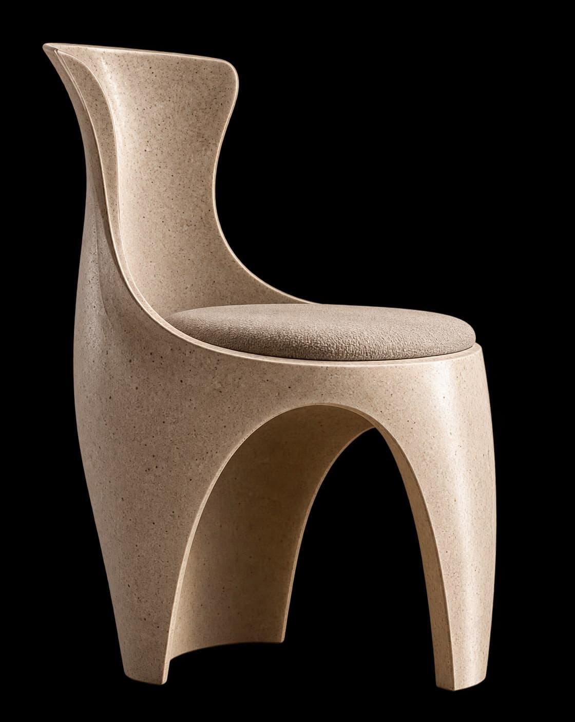 A sculptural, armless chair with an organic, flowing form, crafted from a speckled, light-colored molded composite material. It features a high, curved backrest that transitions seamlessly into the seat, which is fitted with a round, upholstered cushion. The chair's base comprises two broad, arched supports, creating a monolithic and contemporary aesthetic. — 3D model