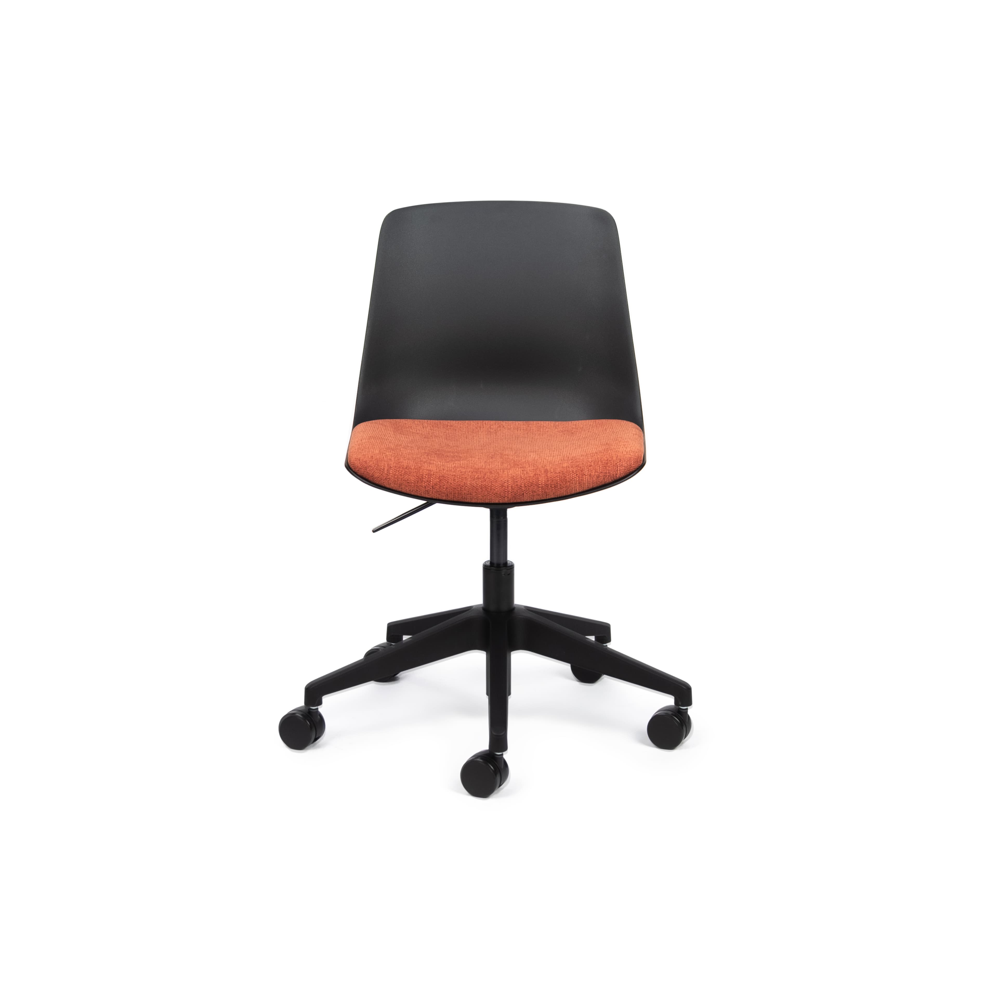 An armless swivel office chair featuring a black plastic backrest and a vibrant orange upholstered fabric seat. It sits on a black five-star base with casters and includes a lever for height adjustment. — 3D model