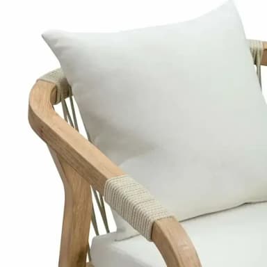 A modern armchair with a wooden frame and woven rope details on the seat and back support. It includes cushioned seating and a back pillow, both in a neutral off-white color. The wooden frame has a natural, light brown finish. — 3D model
