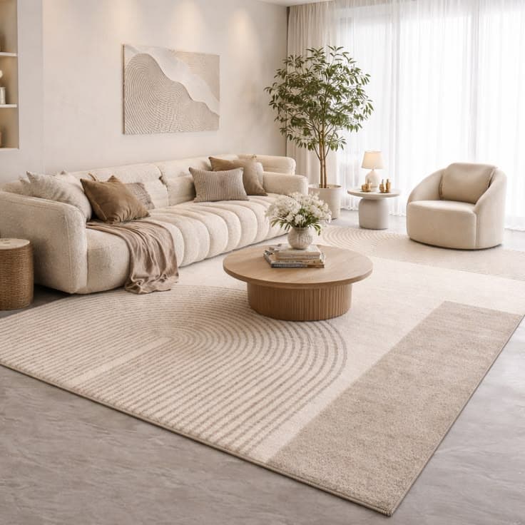 A modern circular area rug with an abstract geometric pattern in neutral beige, cream, and light brown tones. The design features concentric curved lines intersected by solid color blocks. — 3D model