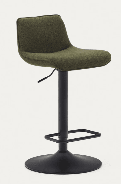 A contemporary bar stool featuring a curved seat and backrest upholstered in a textured green fabric. The stool has a height-adjustable gas lift mechanism, operated by a lever beneath the seat. It is supported by a central black metal column with a square footrest and a circular, weighted base. The design is minimalist and functional. — 3D model