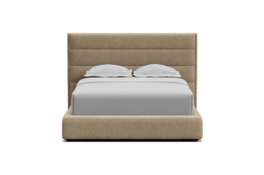 A platform bed with a padded headboard. The headboard features horizontal channel tufting. The bed frame and headboard appear to be upholstered in a light beige or taupe fabric with a subtle texture.  The bed is made with crisp, white linens. The platform base is low to the ground. — 3D model