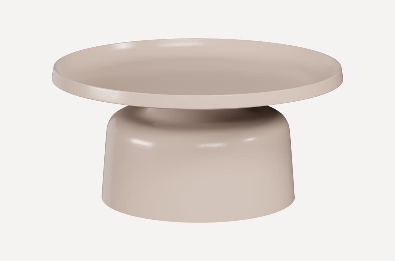 A modern coffee table with a round, slightly raised top and a solid, drum-shaped base. The design is minimalist and contemporary, featuring smooth curves and a matte finish. — 3D model