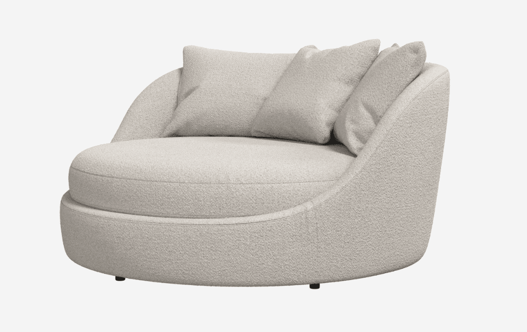 An oversized, round, deep-seated lounge chair upholstered in a cream-colored boucle fabric with two loose back cushions. — 3D model