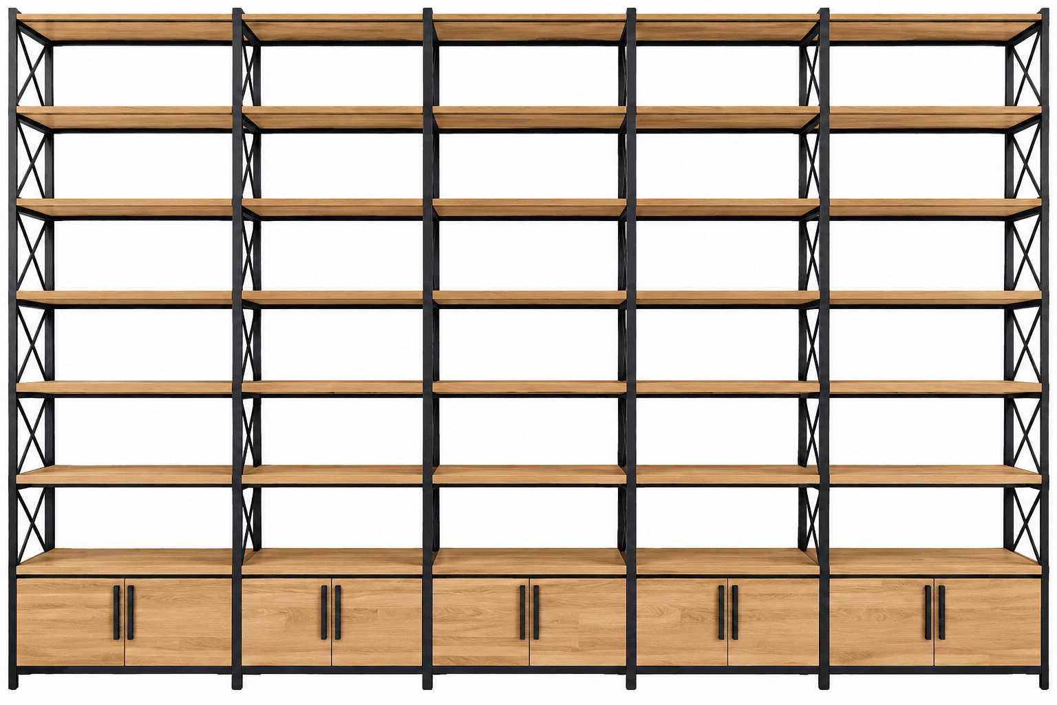 A large, multi-section freestanding shelving unit featuring light-colored wooden shelves and integrated base cabinets, supported by a black metal frame with X-bracing. — 3D model