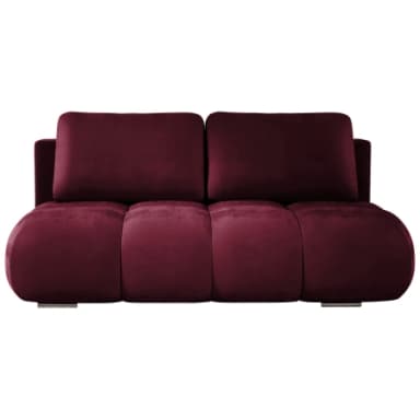 A modern sofa upholstered in plush burgundy velvet, featuring a segmented, rounded seat design and two rectangular back cushions, supported by subtle low-profile metal feet. — 3D model