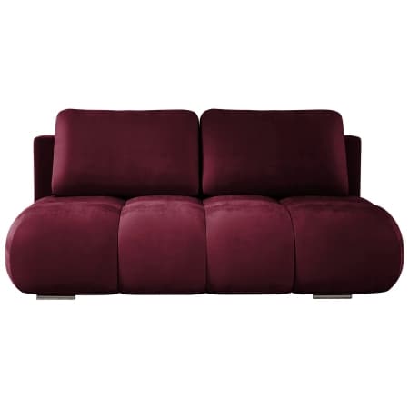 A modern sofa upholstered in plush burgundy velvet, featuring a segmented, rounded seat design and two rectangular back cushions, supported by subtle low-profile metal feet. — 3D model