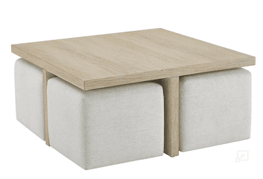 A modern square coffee table with a light wood grain finish, featuring four cube-shaped ottomans upholstered in light-colored fabric that tuck neatly underneath its frame. — 3D model