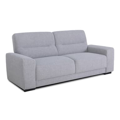 A contemporary three-seater sofa upholstered in a light grey textured fabric, featuring clean lines, track arms, and segmented back cushions. — 3D model