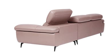 A contemporary three-seater sofa upholstered in a light mauve or pinkish-beige leather or faux leather. It features three distinct seat cushions and three backrests, with the rightmost backrest (from the viewer's perspective) showing an adjustable headrest in an upright position. The armrests are wide, curved, and plush. The sofa is supported by low-profile legs, with the outer legs being angular chrome-finished and the interior legs appearing as cylindrical black supports. — 3D model