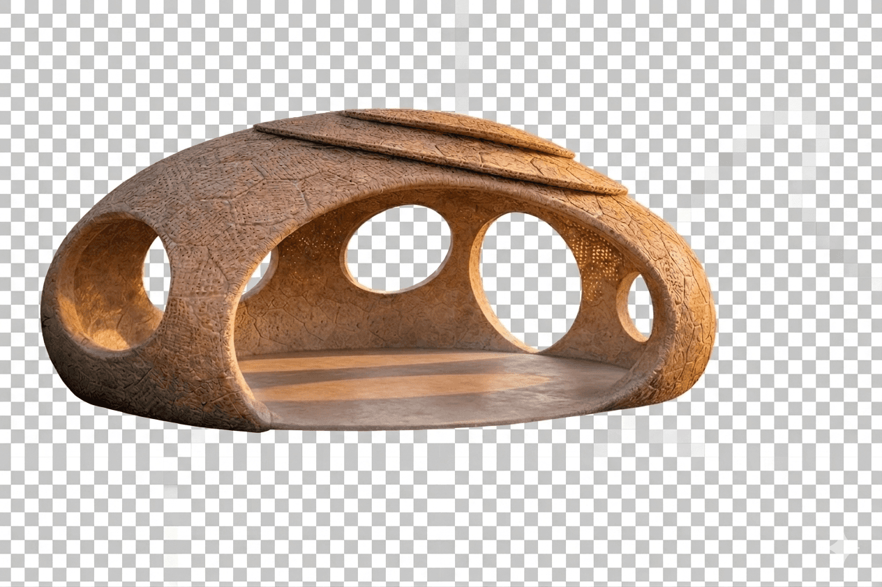 A low-profile, modular seating unit designed for outdoor or semi-outdoor use. It features an organic, pod-like structure with multiple large, irregular openings serving as entrances and visual elements. The main body is a curved, monolithic form with a textured surface resembling cracked earth or a stylized natural material. The top surface is segmented, mimicking roof tiles or overlapping panels, and has a slightly different texture, possibly indicating a weather-resistant covering. The interior floor appears to be flat and integrated into the base structure, suitable for seating or reclining. — 3D model