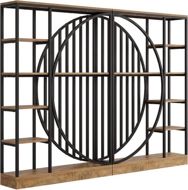A tall, rectangular freestanding shelving unit featuring a black metal frame and light wood-tone shelves. Its defining characteristic is a large, circular, slatted black metal screen integrated into the central section, which also functions as a visual divider. The unit has multiple open shelves on both sides of the central screen, providing ample storage and display space. A solid wood-tone base runs along the bottom. — 3D model