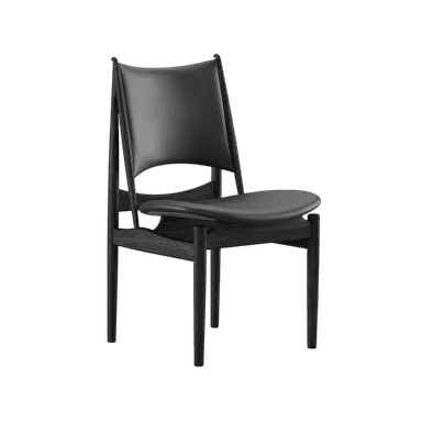 A contemporary armless dining chair featuring a black-stained wooden frame with a visible grain, and black upholstered seat and backrest. The design incorporates gently curved elements and tapered legs. — 3D model