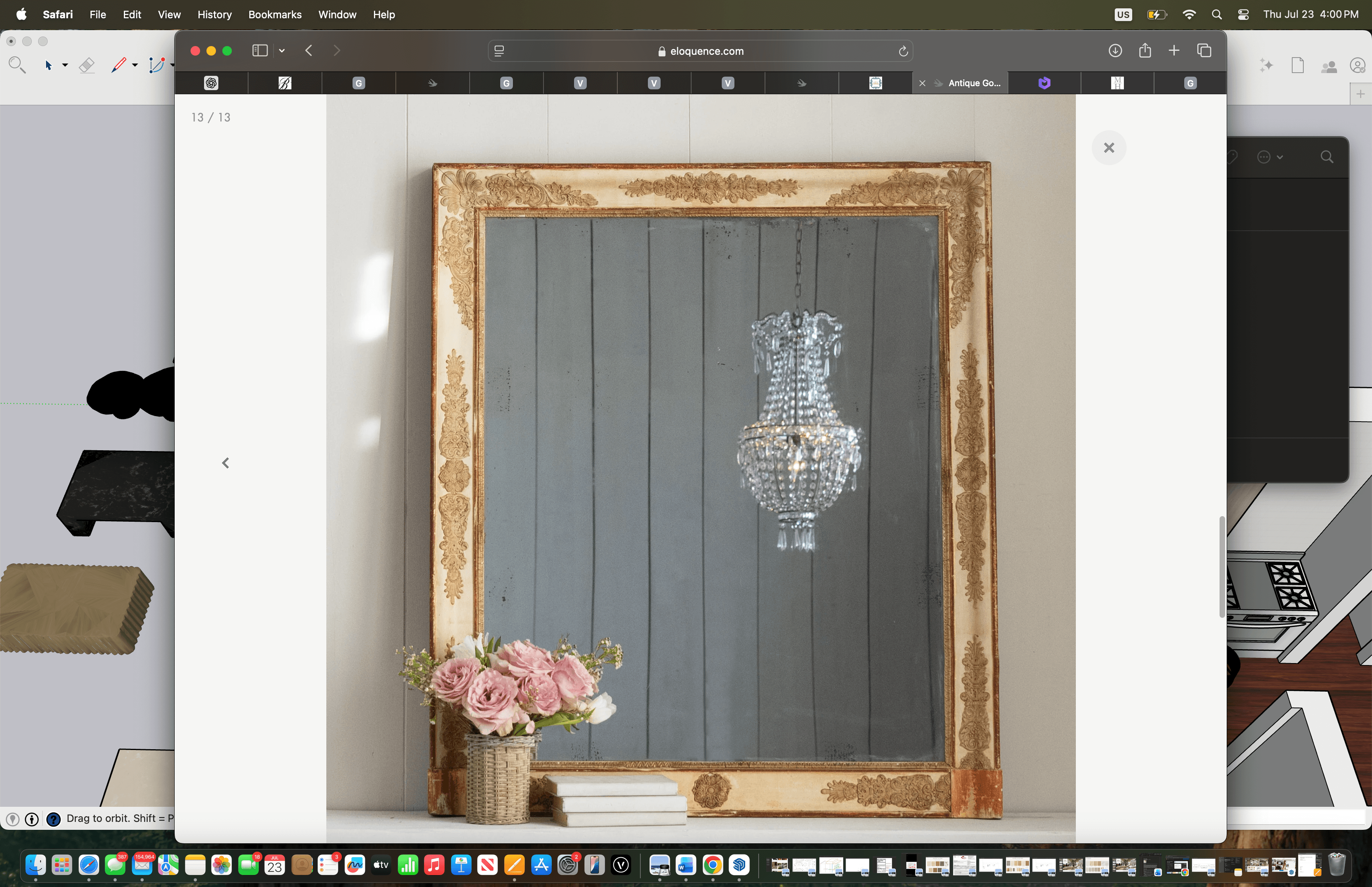 A rectangular wall mirror featuring an ornate, distressed gilded frame. The frame has prominent decorative carvings along its edges, with a cream-colored base showing through the aged gold finish. The mirror surface reflects what appears to be a crystal chandelier and a grey panelled wall, indicating its reflective quality. — 3D model