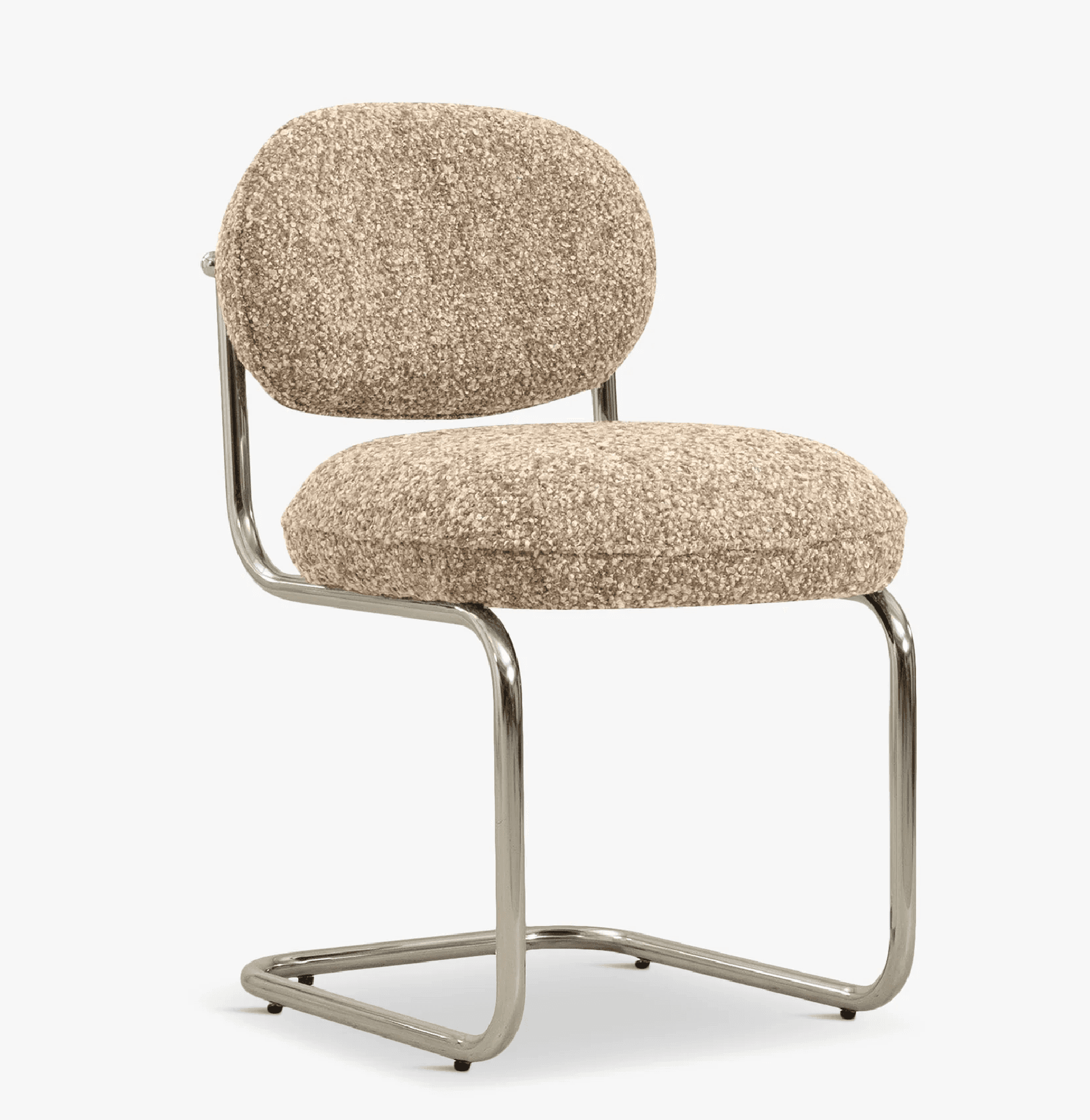 A modern accent chair featuring a cantilever base and upholstered seat and back. The frame is constructed from polished tubular metal, forming a cantilevered structure that supports the seat and backrest. The seat and backrest are generously padded and upholstered in a textured, speckled fabric. — 3D model