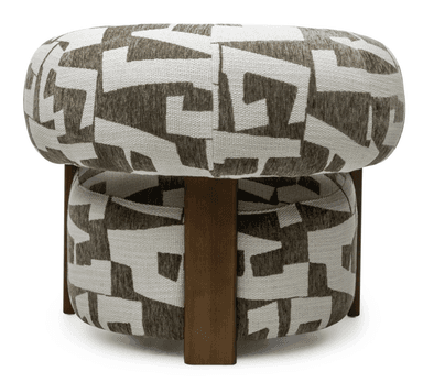 A contemporary barrel-shaped ottoman featuring a distinctive two-tiered upholstered design. The top cushion is a rounded cylinder, and the lower section is a matching upholstered drum, both covered in a durable woven fabric with an abstract geometric pattern in shades of brown and off-white. The two upholstered sections are separated and supported by four sturdy wooden legs with a medium brown finish. This piece functions as both extra seating and a decorative accent. — 3D model