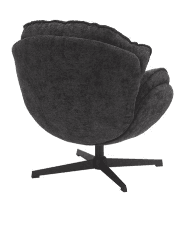 A dark gray armchair with a high, rounded back and seat, featuring layered, petal-like upholstery. The chair has a swivel base with four splayed legs in a matte black finish. The fabric appears to be a textured, low-pile textile. — 3D model