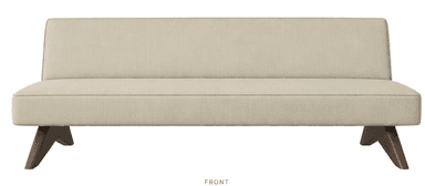 An armless upholstered bench or settee featuring a light, neutral fabric and a distinctive base with splayed dark wood legs. The backrest is gently angled, and the seat and back cushions have piped edges, giving it a tailored and modern appearance. — 3D model