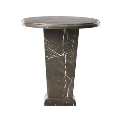 A dark marble pedestal table featuring a round top with a slightly raised edge, supported by a central, tapered pedestal base that rests on a square plinth. The marble exhibits prominent white and light brown veining across its dark grey-brown surface. — 3D model