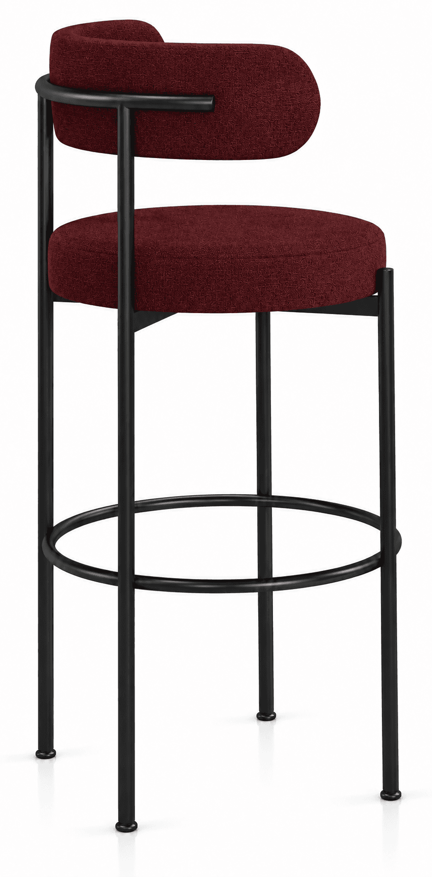 A contemporary bar stool featuring a black tubular metal frame, a circular upholstered seat, and a low, curved upholstered backrest. The upholstery is a rich, textured dark red fabric. — 3D model