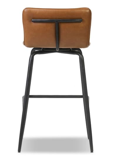 A modern bar stool with a contoured, upholstered seat and backrest supported by a black metal four-legged frame. The seat and back are covered in a brown, leather-like material with visible stitching details on the backrest. The frame consists of thin, cylindrical metal legs connected by a lower horizontal footrest. The stool appears to be designed for a counter or bar height. — 3D model